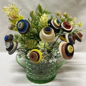 Button Bouquet in Green Glass UV depression Glass Sugar Bowl